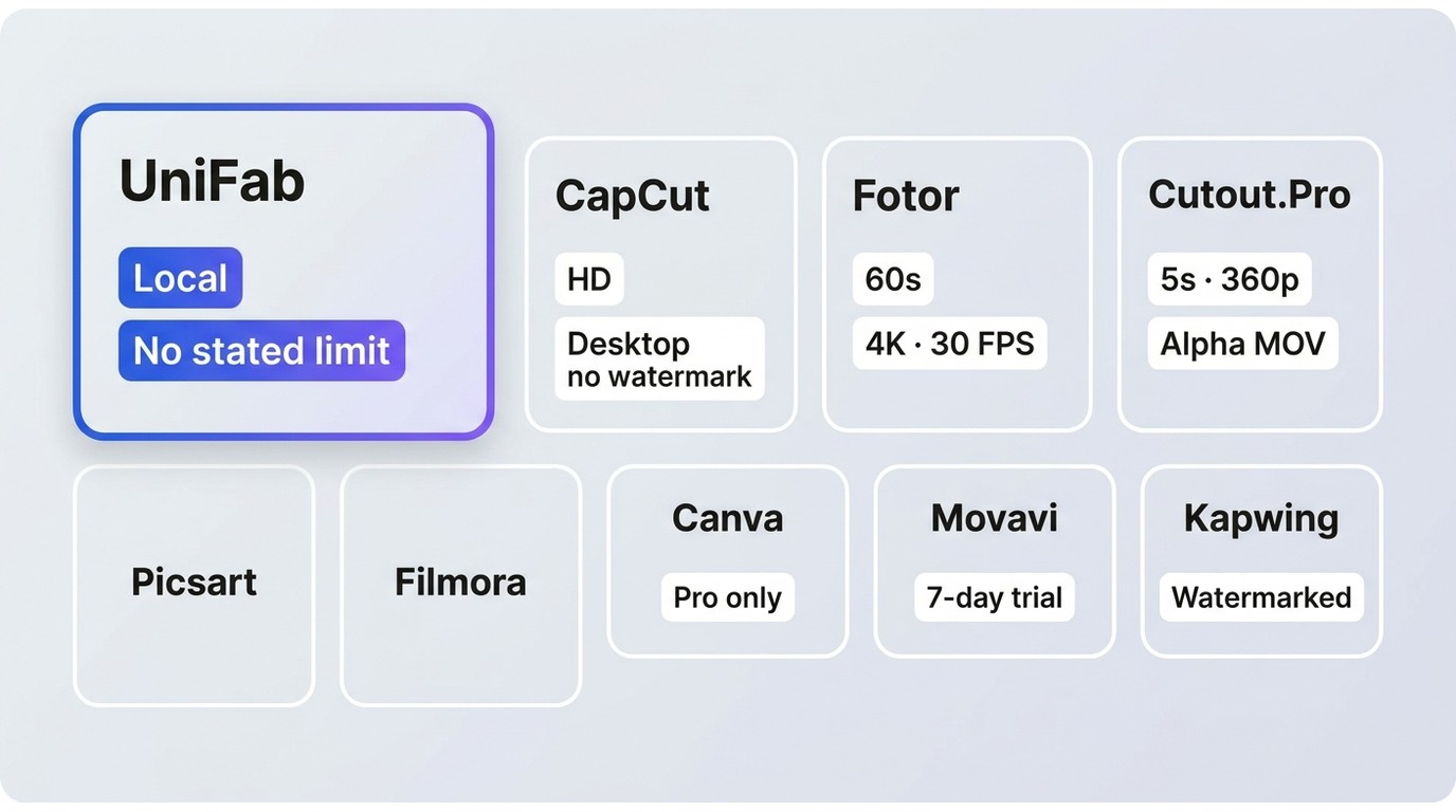 UniFab, CapCut, Fotor, and Cutout.Pro free limits for watermark, duration, and alpha output