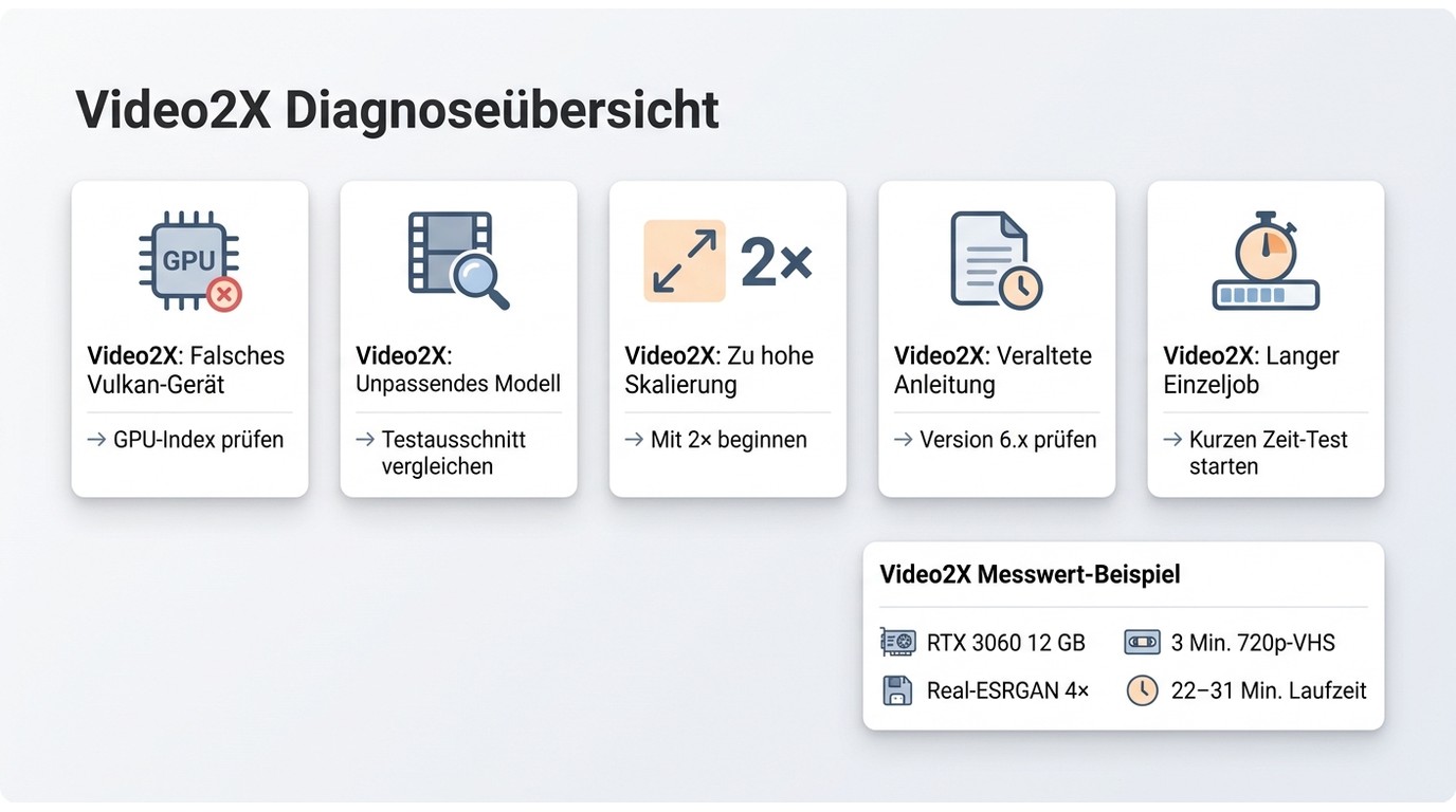 Fünf Video2X-Probleme mit Ursachen, Prüfschritten und einem RTX-3060-Testwert