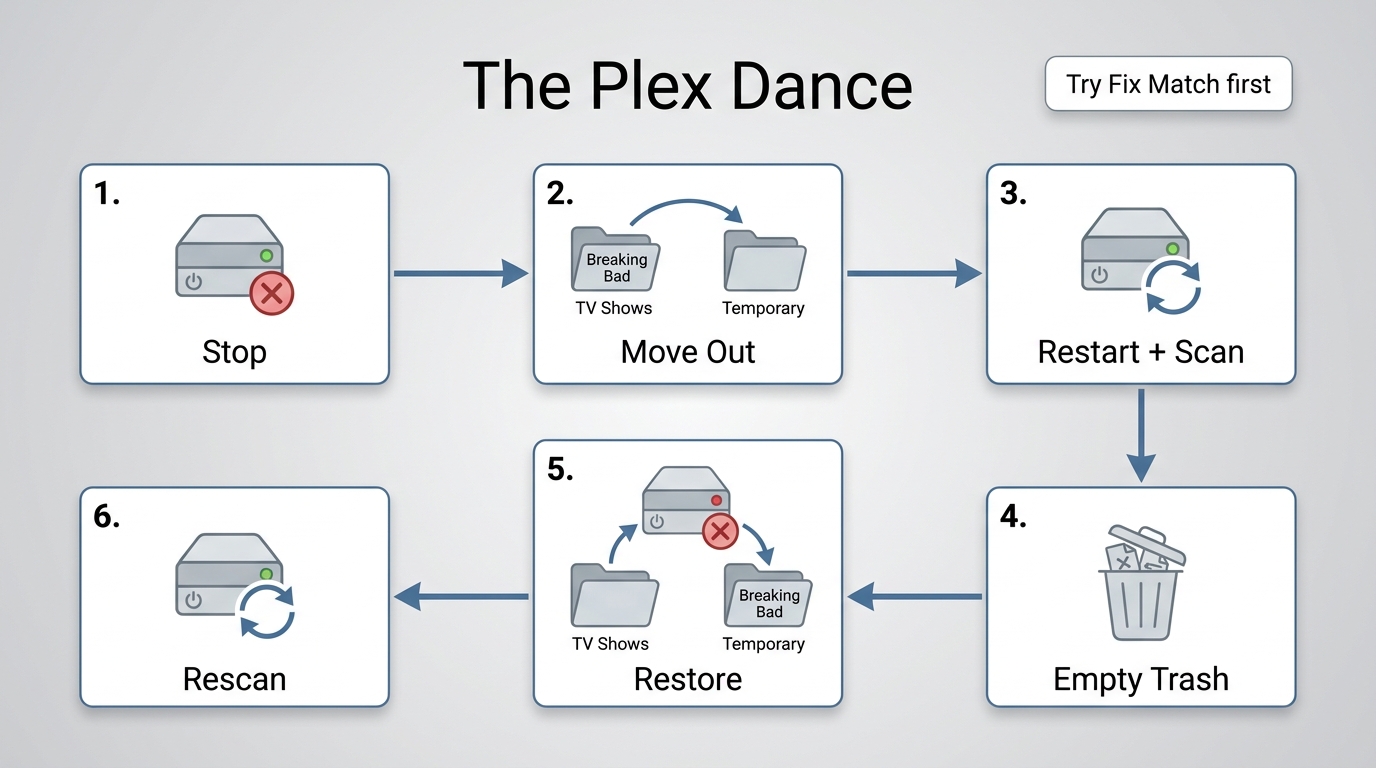 Plex Dance sequence for removing, rescanning, restoring, and rematching a TV show
