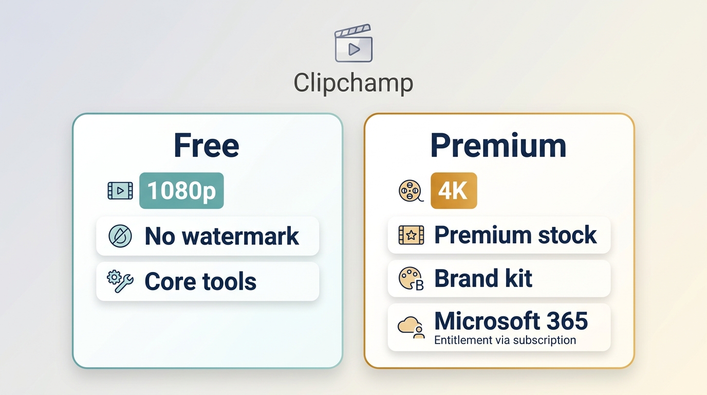 Clipchamp Free and Premium compared by 1080p, 4K, stock assets, and brand tools