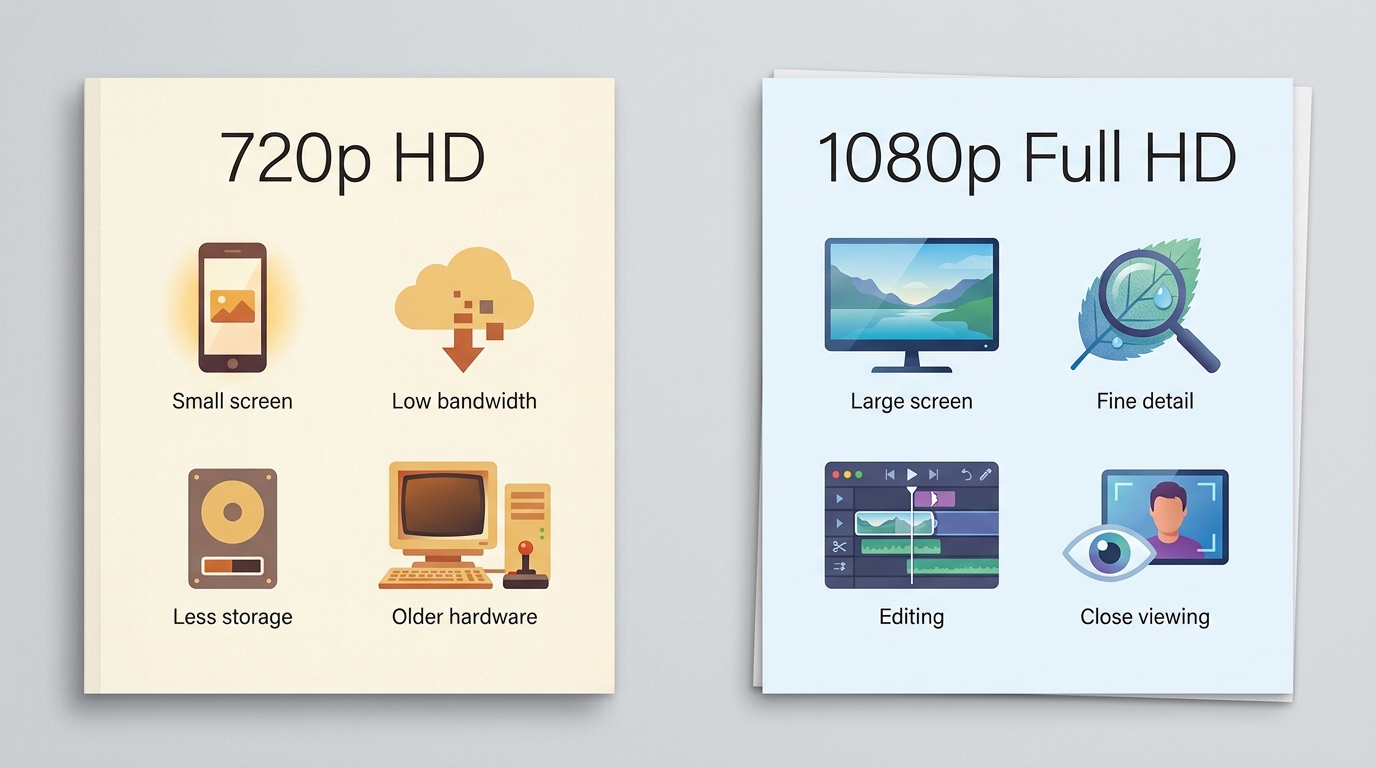 Choosing 720p or 1080p by screen size, connection, hardware, and detail needs