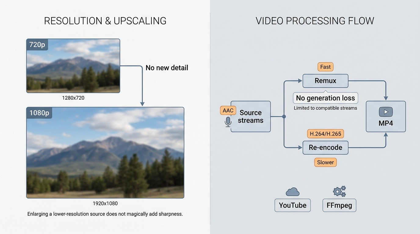 Why 720p upscaling adds no detail and when MP4 needs remuxing or re-encoding