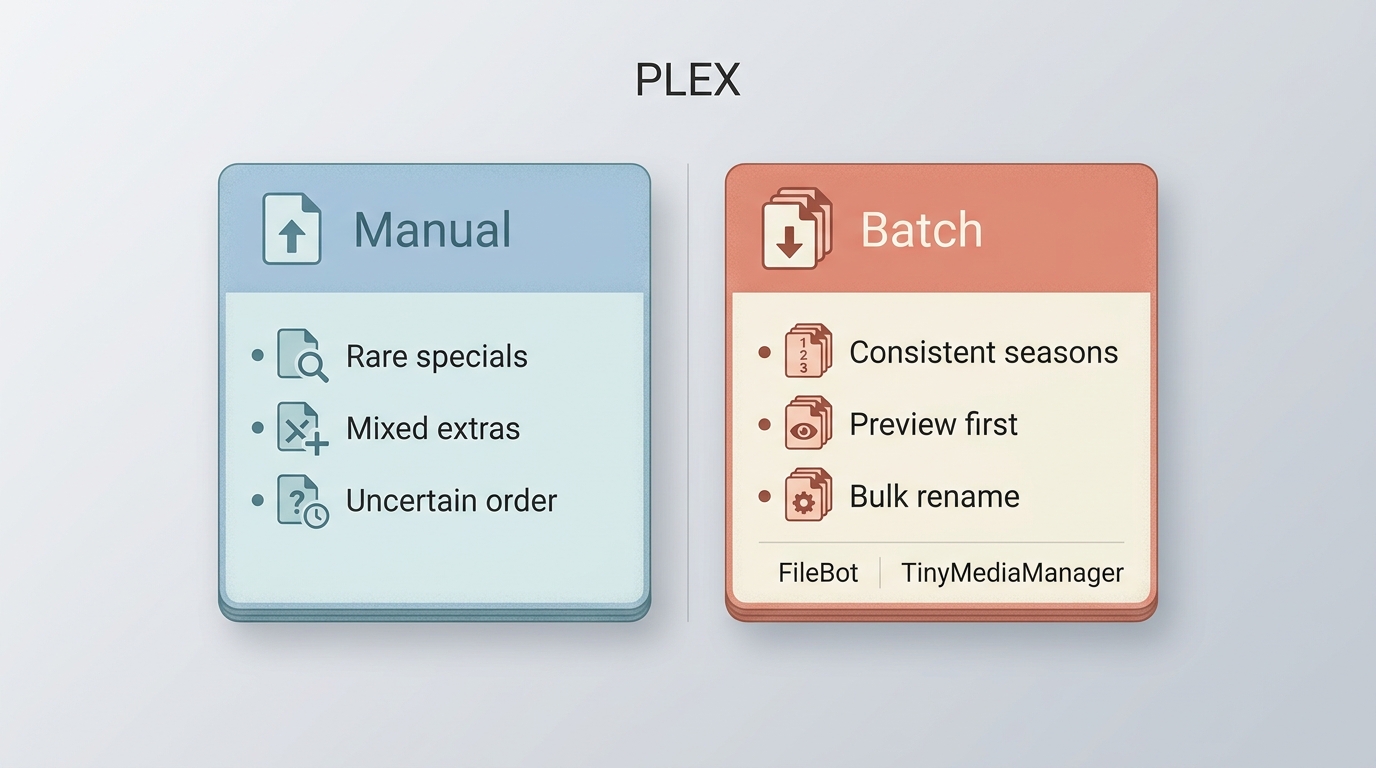 Manual Plex cleanup compared with FileBot and TinyMediaManager batch renaming