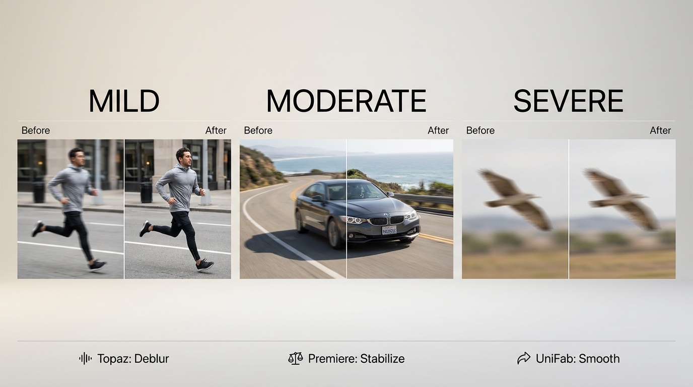 Mild, moderate, and severe motion blur with realistic recovery limits