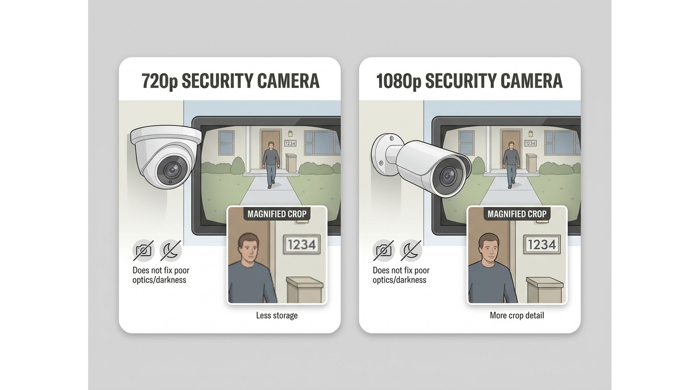 720p and 1080p security cameras compared for detail, cropping, and storage
