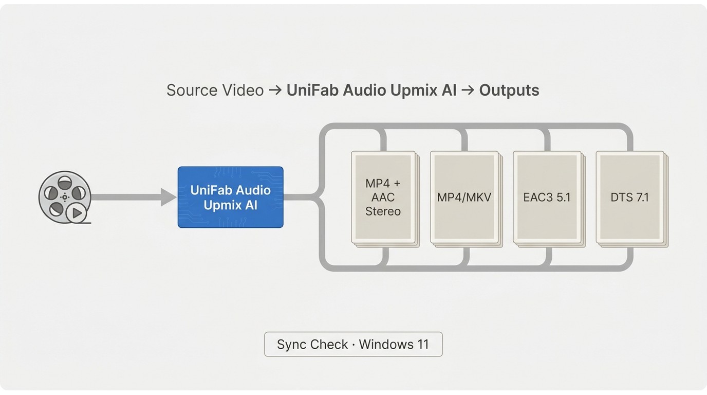 MP4, MKV, AAC, EAC3 5.1, and DTS 7.1 delivery paths with sync checks