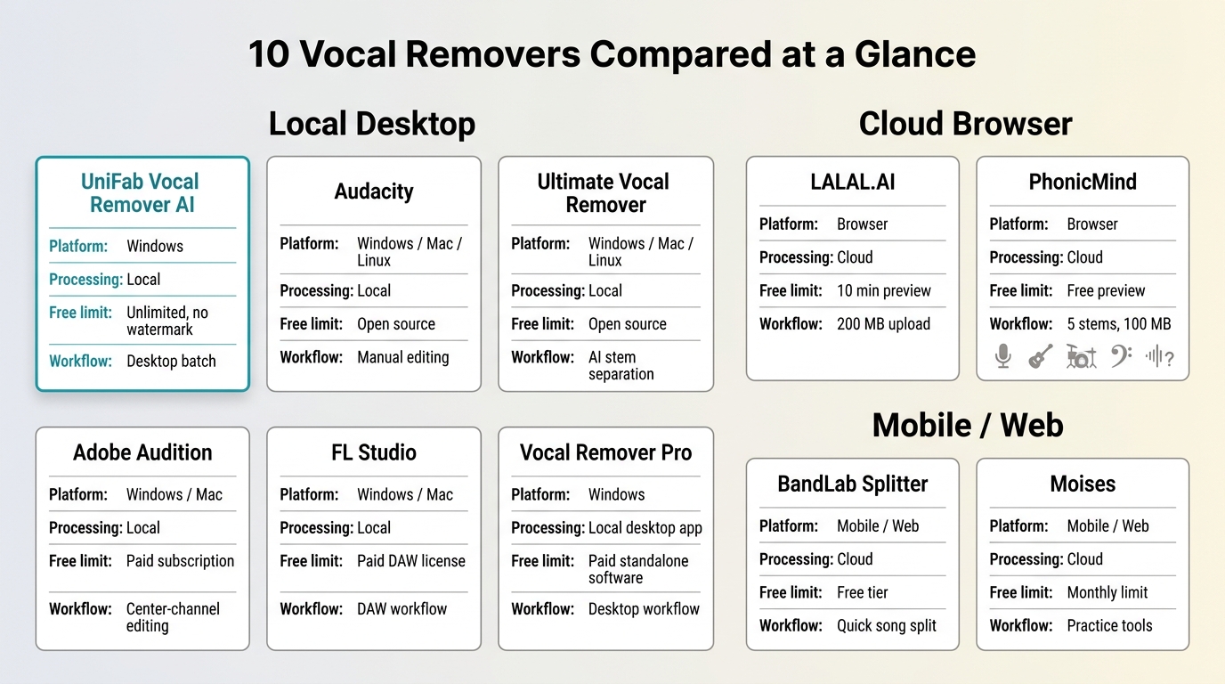 Comparison of 10 vocal removers by platform, processing, free limits, and workflow