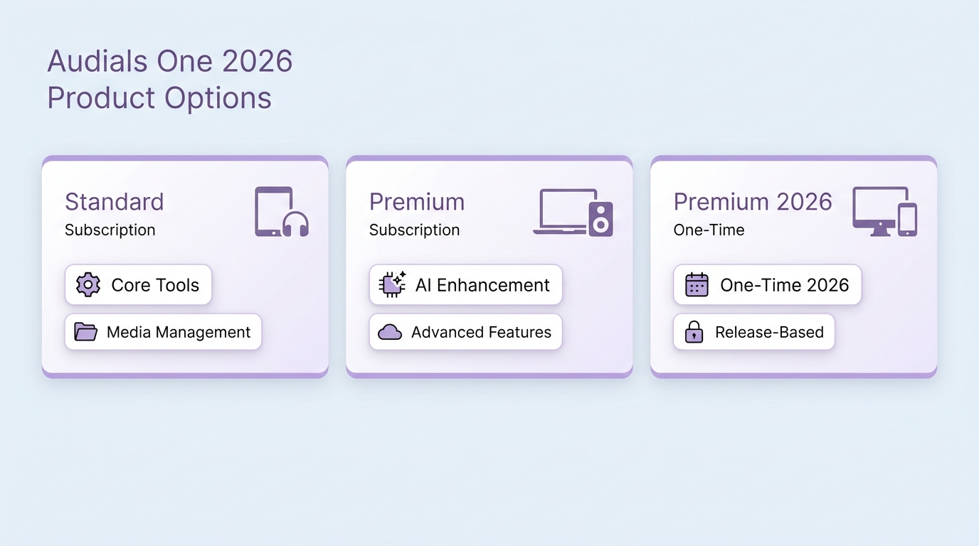 Audials One 2026 Standard, Premium, and one-time license options compared