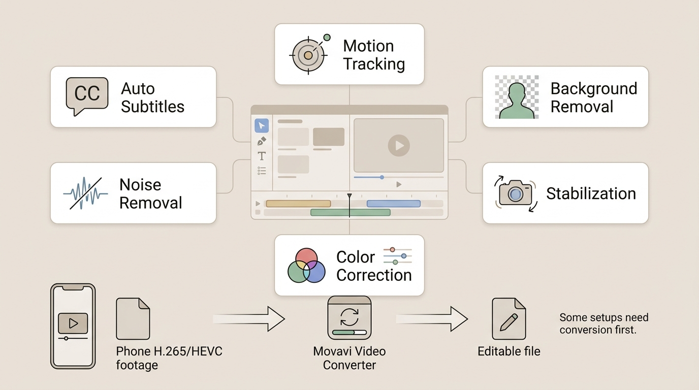 Movavi tools for subtitles, tracking, cleanup, color correction, and HEVC conversion