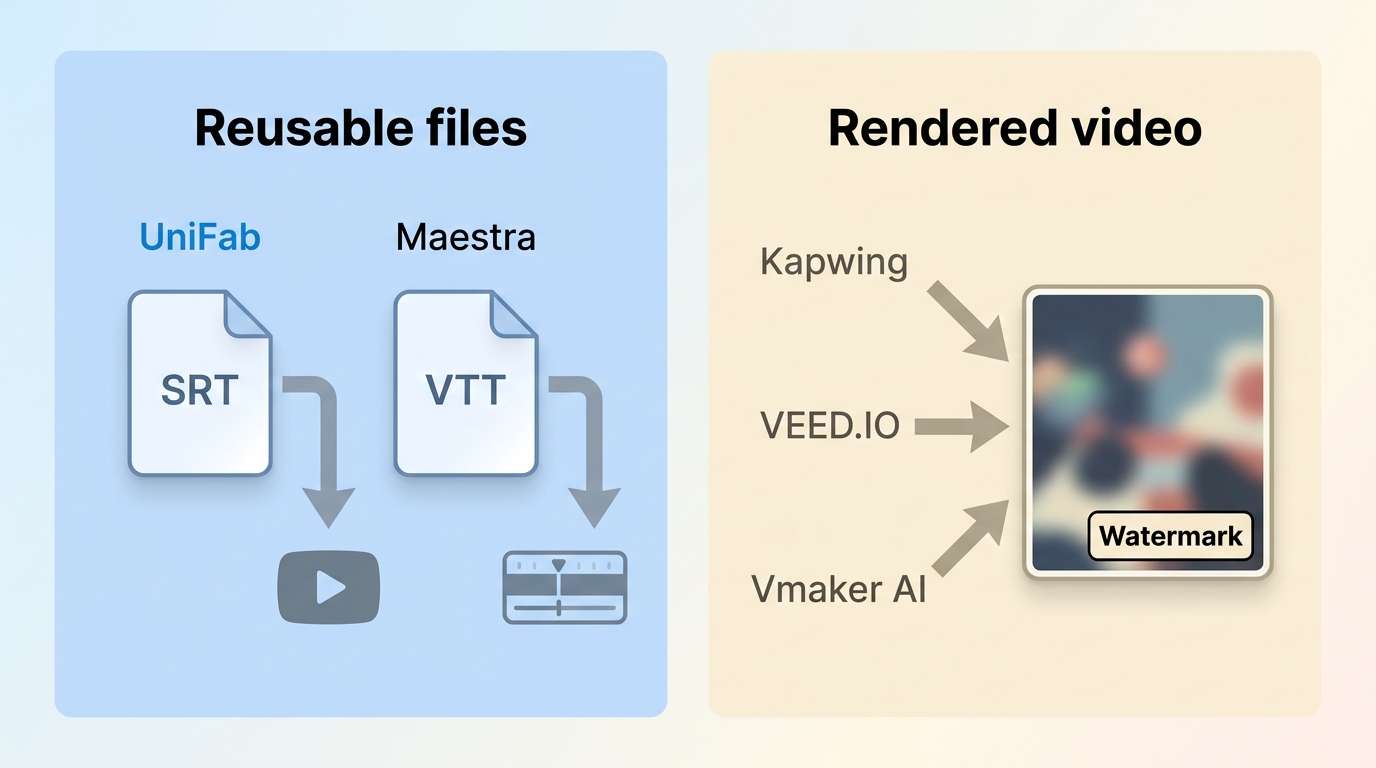 Reusable SRT files compared with watermarked videos from the five subtitle tools