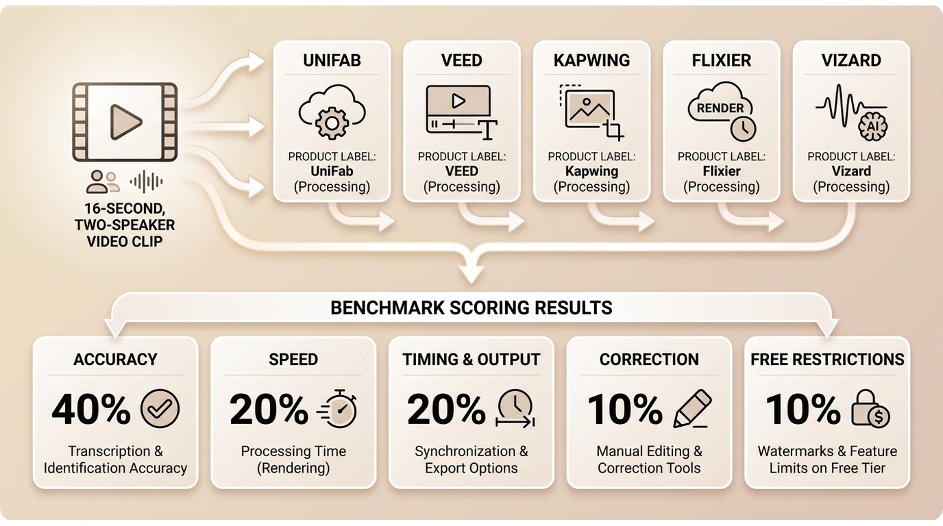 One 16-second clip tested in UniFab, VEED, Kapwing, Flixier, and Vizard with weighted scoring