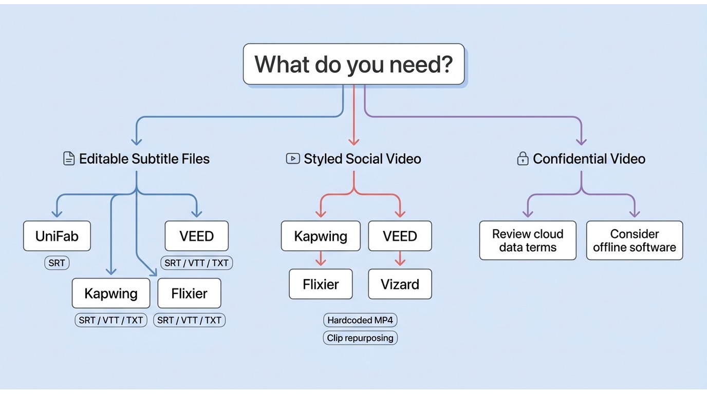 How to choose UniFab, VEED, Kapwing, Flixier, or Vizard by output and privacy needs