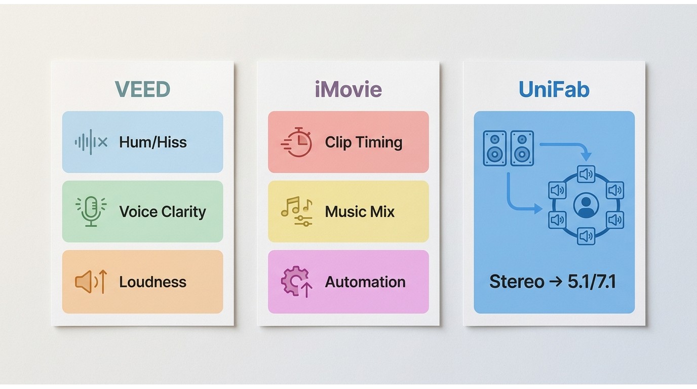 VEED enhancement and iMovie editing workflows compared by common audio tasks