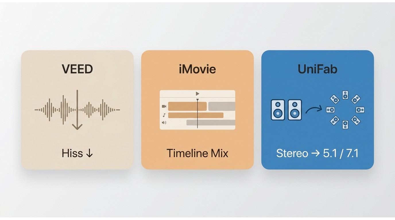 VEED, iMovie, and UniFab compared for cleanup, timeline editing, and surround upmixing
