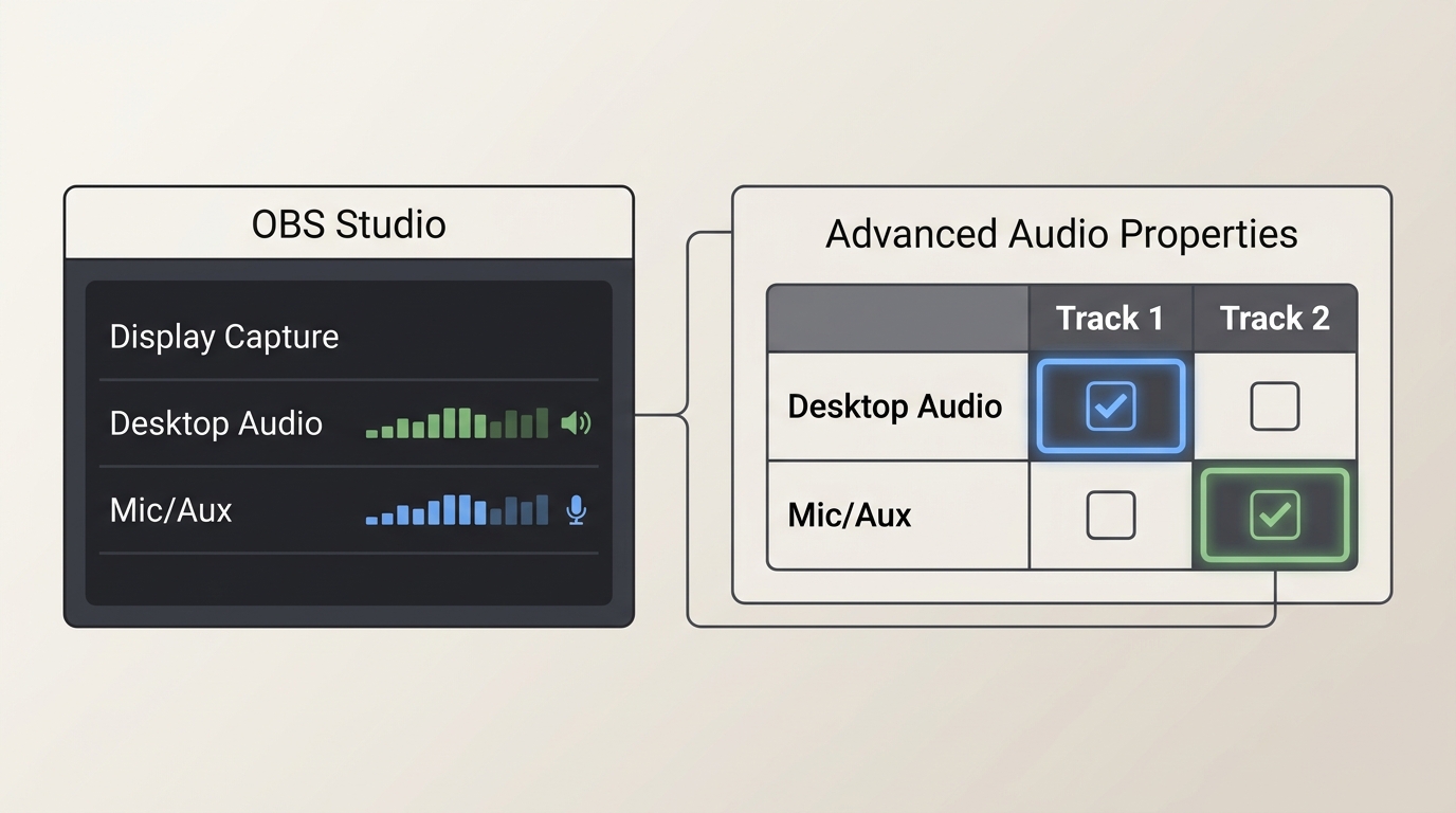 OBS setup with Display Capture, desktop audio, microphone meters, and separate tracks