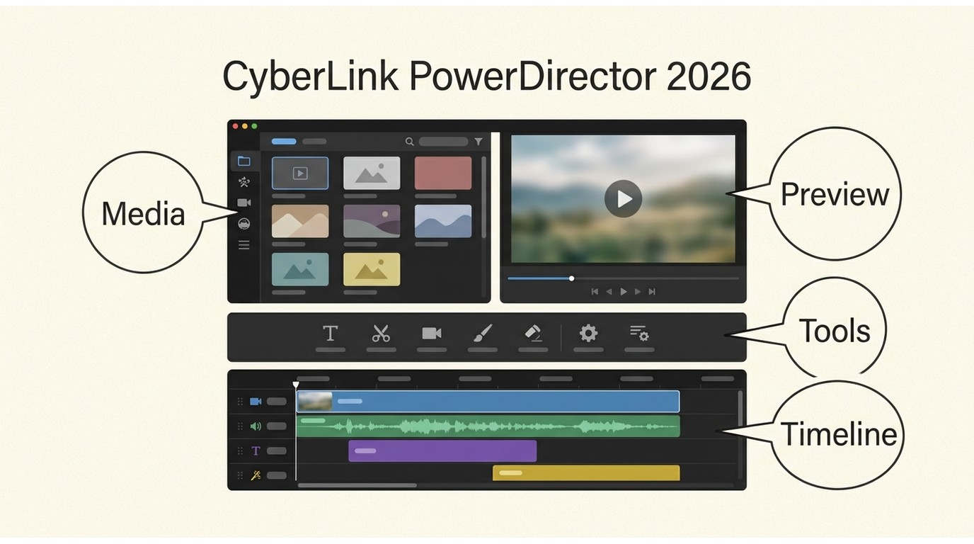 PowerDirector 2026 workspace with media library, preview monitor, tools, and multitrack timeline