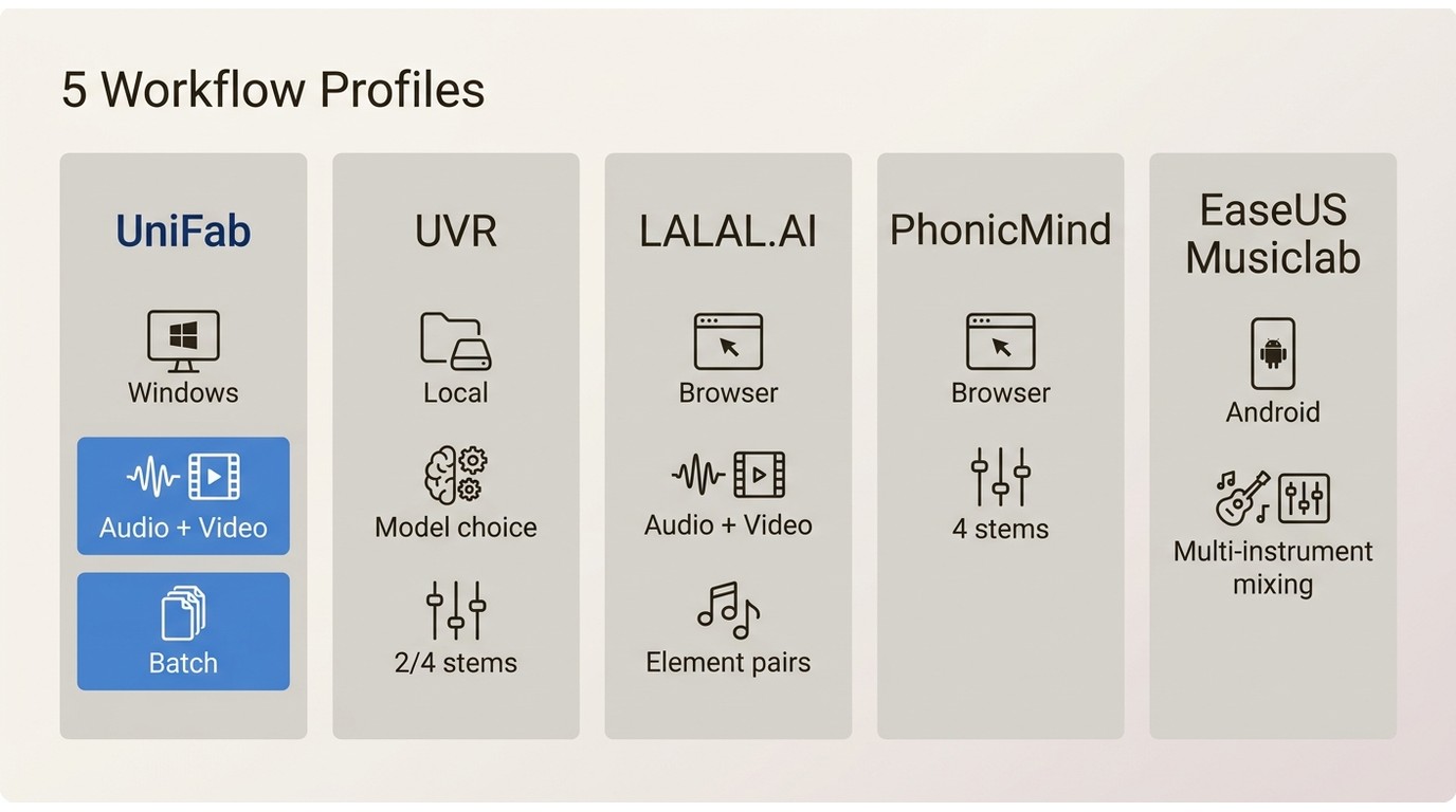 Comparison of UniFab, UVR, LALAL.AI, PhonicMind, and EaseUS workflows
