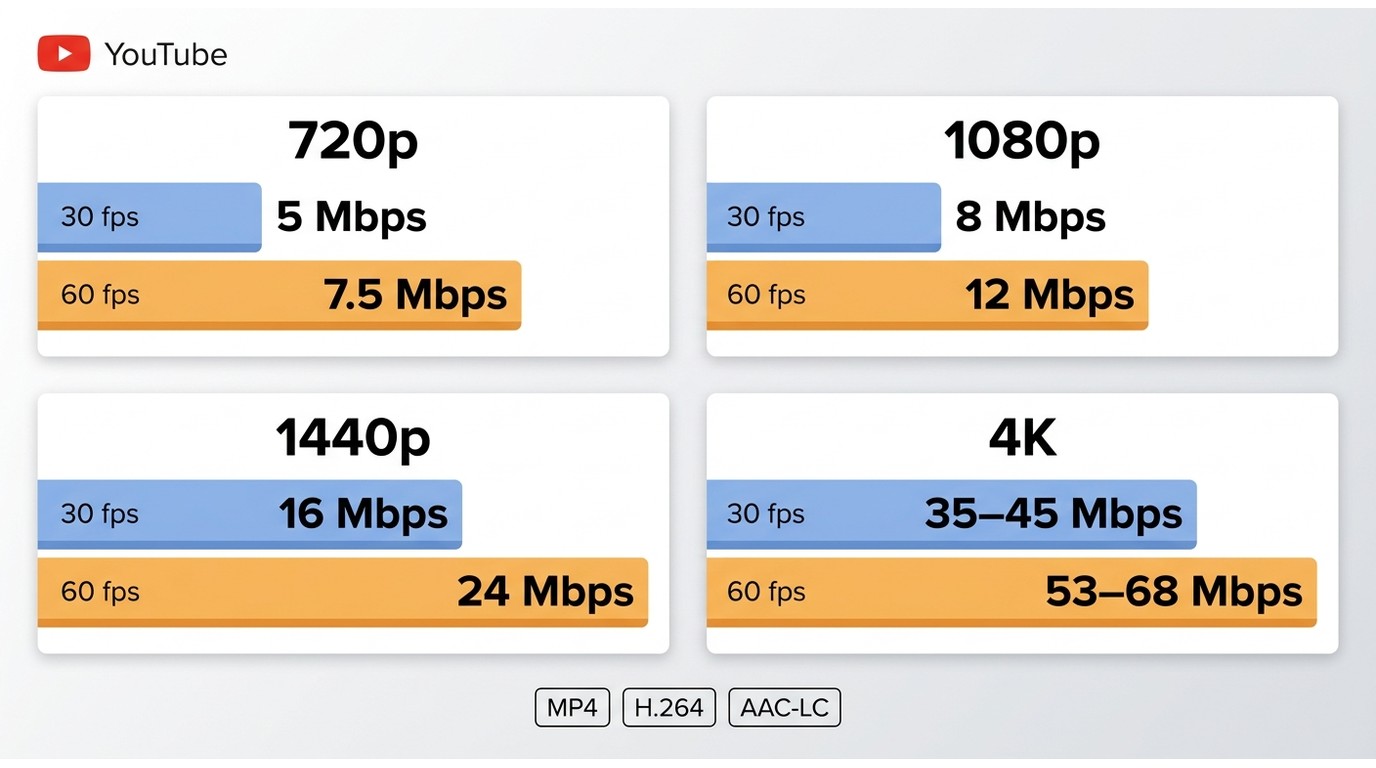 YouTube从720p到4K在30 fps和60 fps下的推荐上传码率