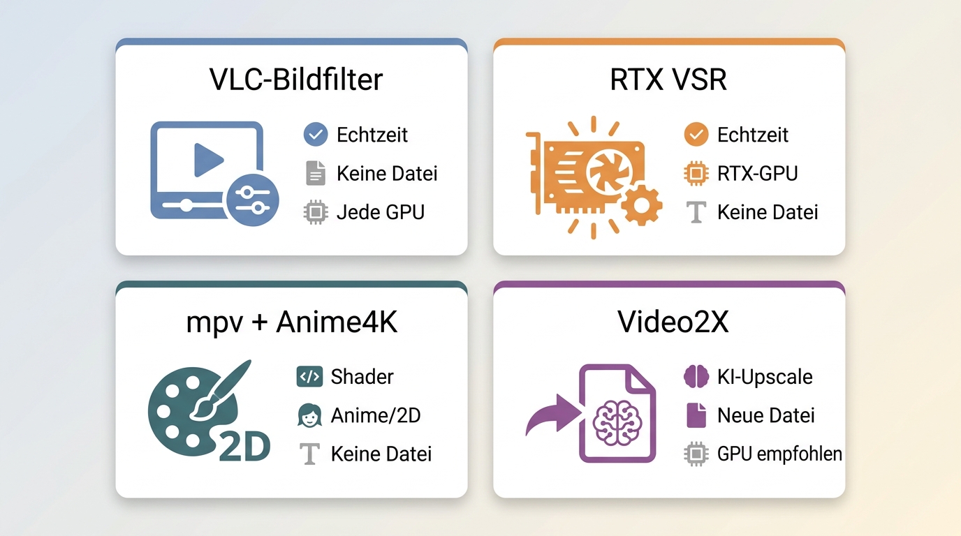 Vergleich von VLC-Bildfiltern, RTX VSR, Anime4K und Video2X nach Ausgabe und Hardware