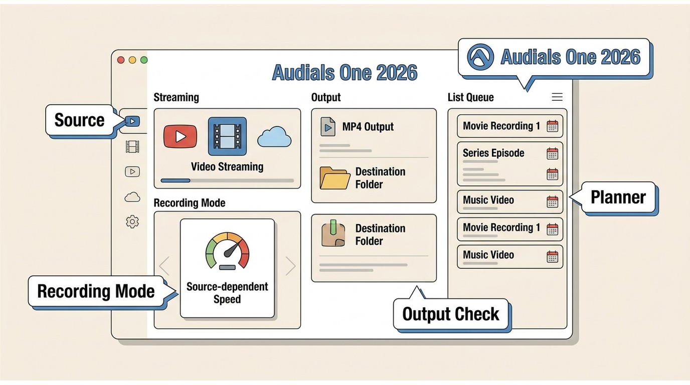 Audials One 2026 source, recording mode, Planner queue, and MP4 output controls
