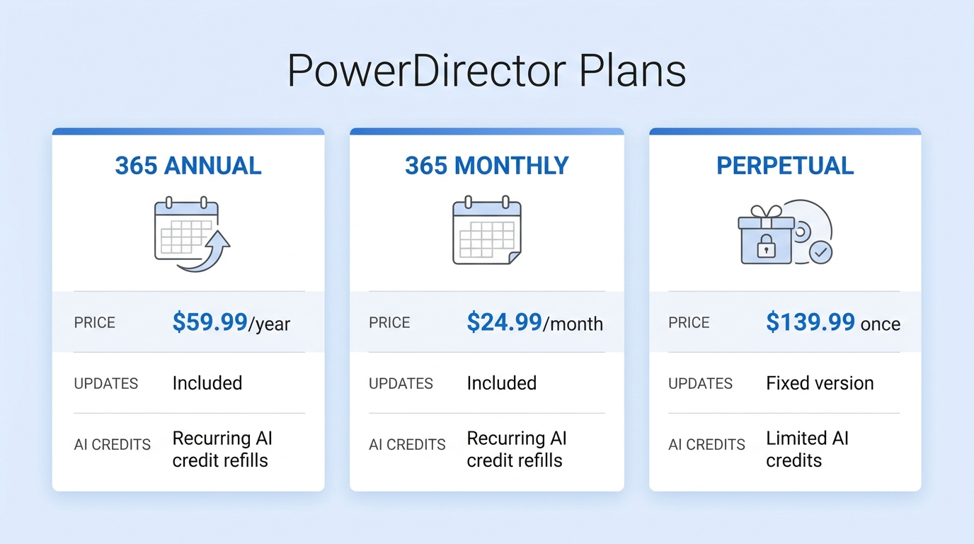 PowerDirector annual, monthly, and perpetual plans compared by price, updates, and AI access