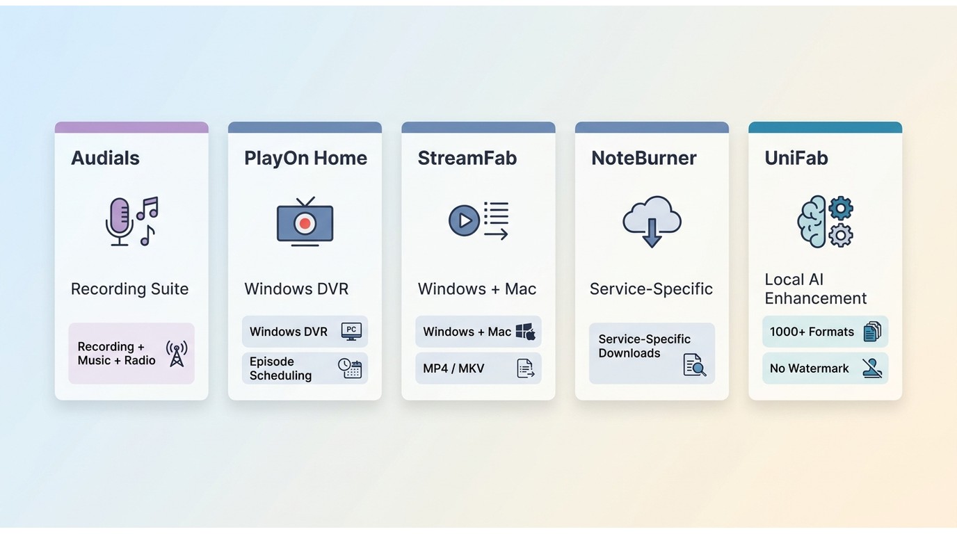 Audials, PlayOn Home, StreamFab, NoteBurner, and UniFab matched to different media jobs