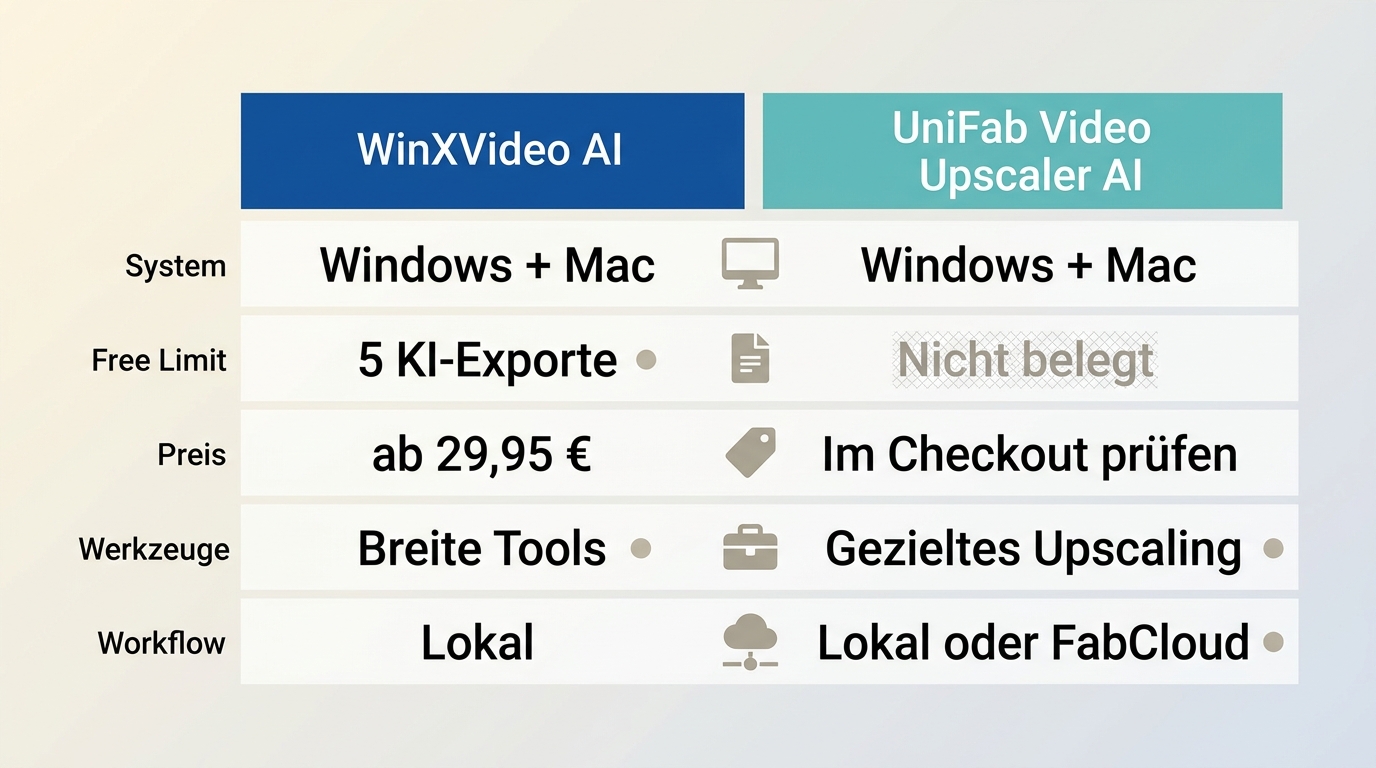 Winxvideo AI und UniFab im Vergleich nach Preis, Limits, Workflow und Materialeignung