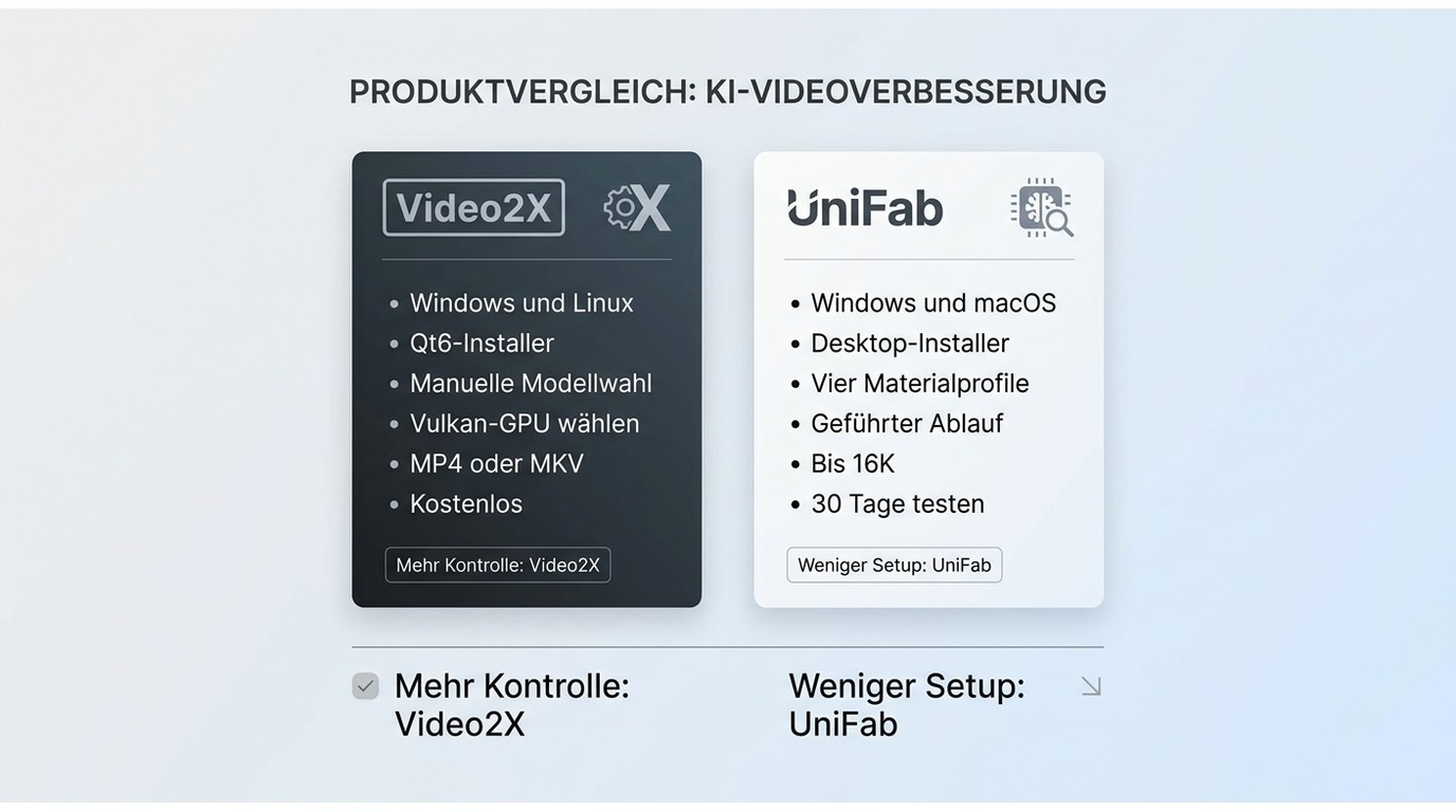 Video2X und UniFab im Vergleich nach Setup, Systemen, GPU-Wahl, Export und Testoption