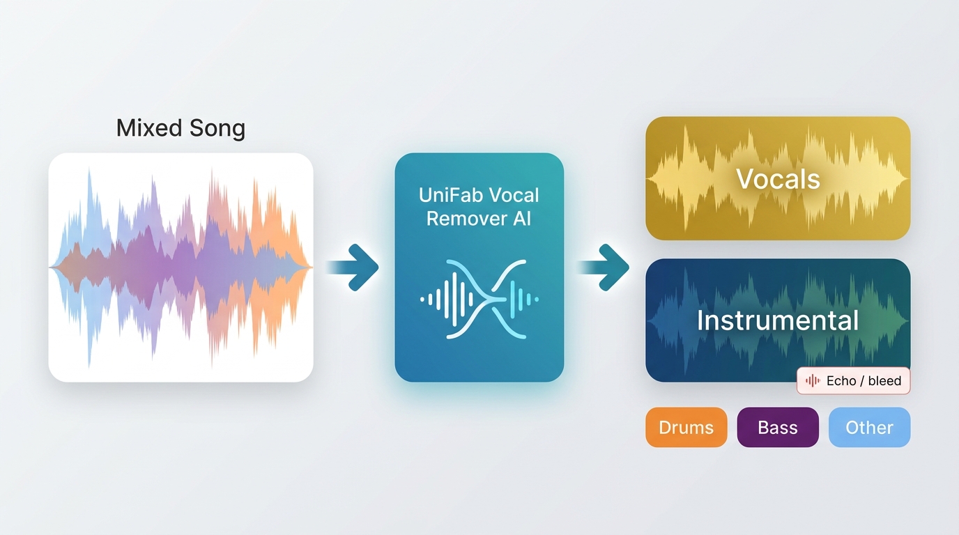How UniFab separates a mixed song into vocals, instruments, drums, bass, and other stems