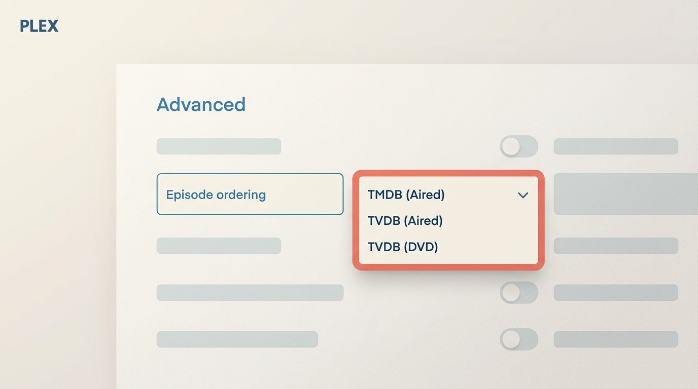 Plex Web Advanced settings with TMDB and TVDB episode-order choices