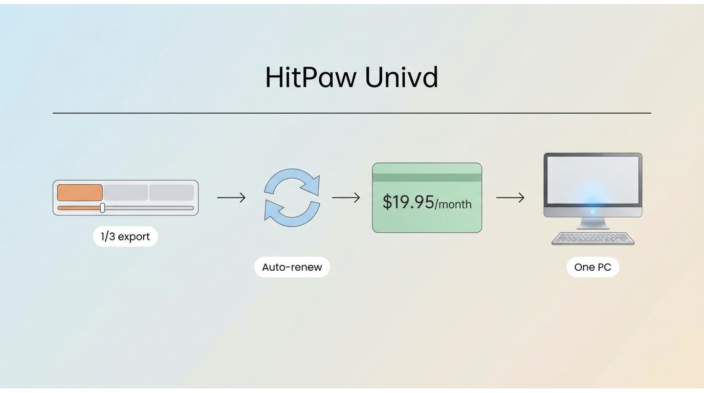 HitPaw Univd trial exports one-third of a file, with separate renewals and one-PC licensing