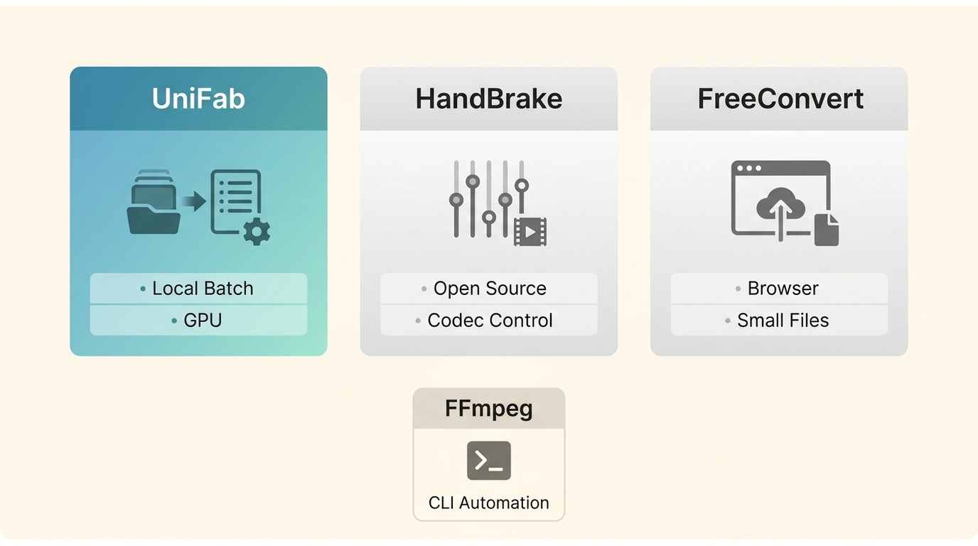 UniFab, HandBrake, FreeConvert, and FFmpeg matched to their best conversion workflows