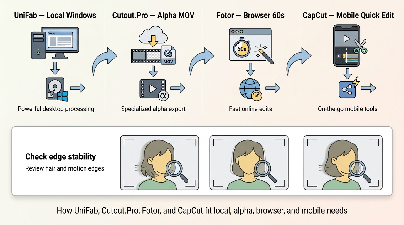 How UniFab, Cutout.Pro, Fotor, and CapCut fit local, alpha, browser, and mobile needs