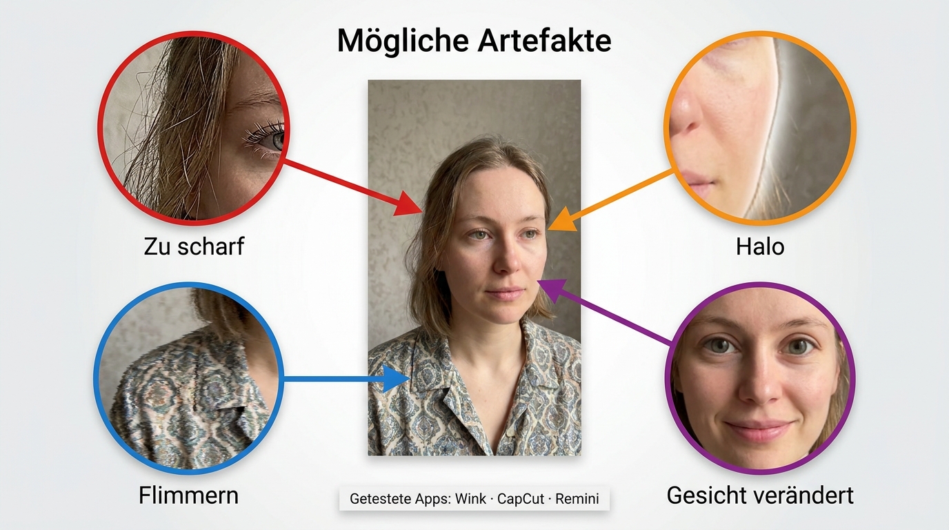 Typische Upscaling-Fehler bei Wink, CapCut und Remini: Halos, Flimmern und Gesichter