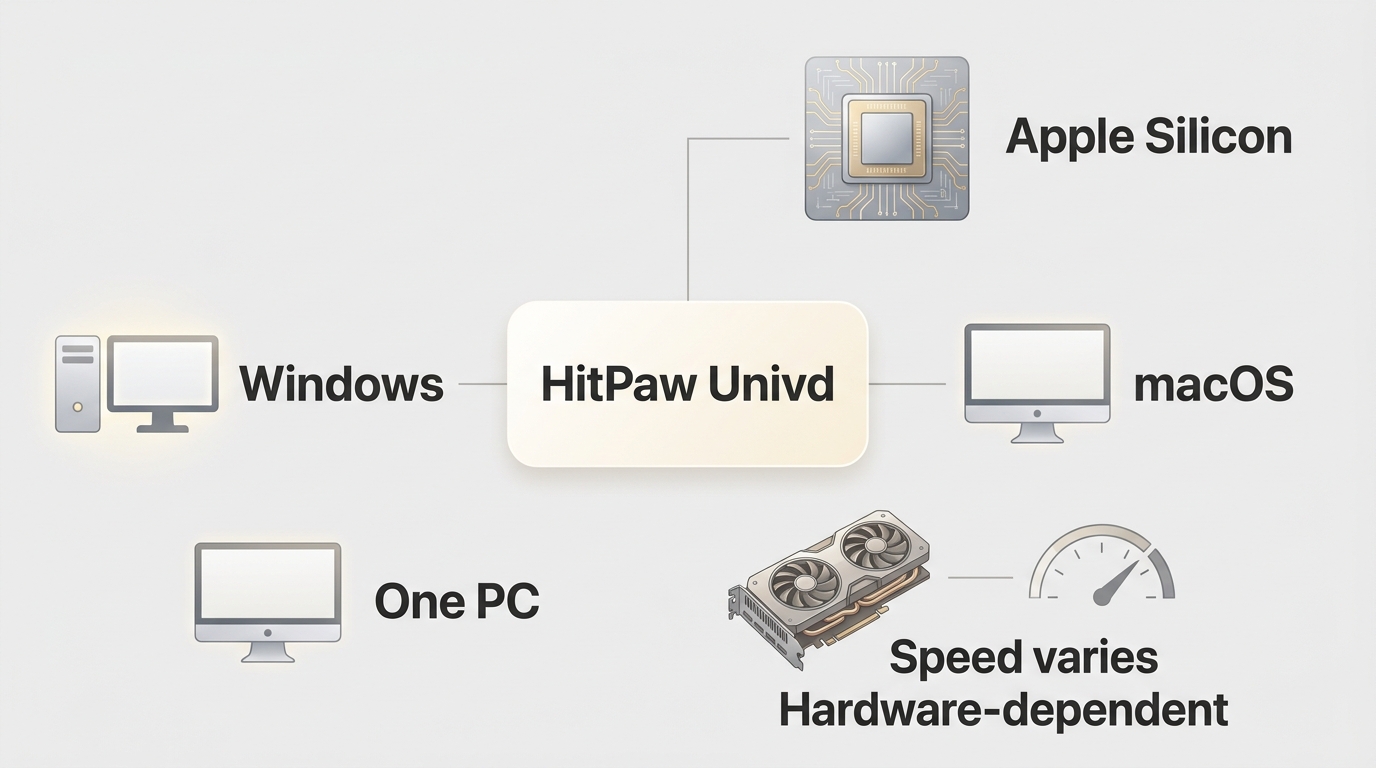 HitPaw Univd supports Windows, macOS, and Apple Silicon, with licensing limited to one PC