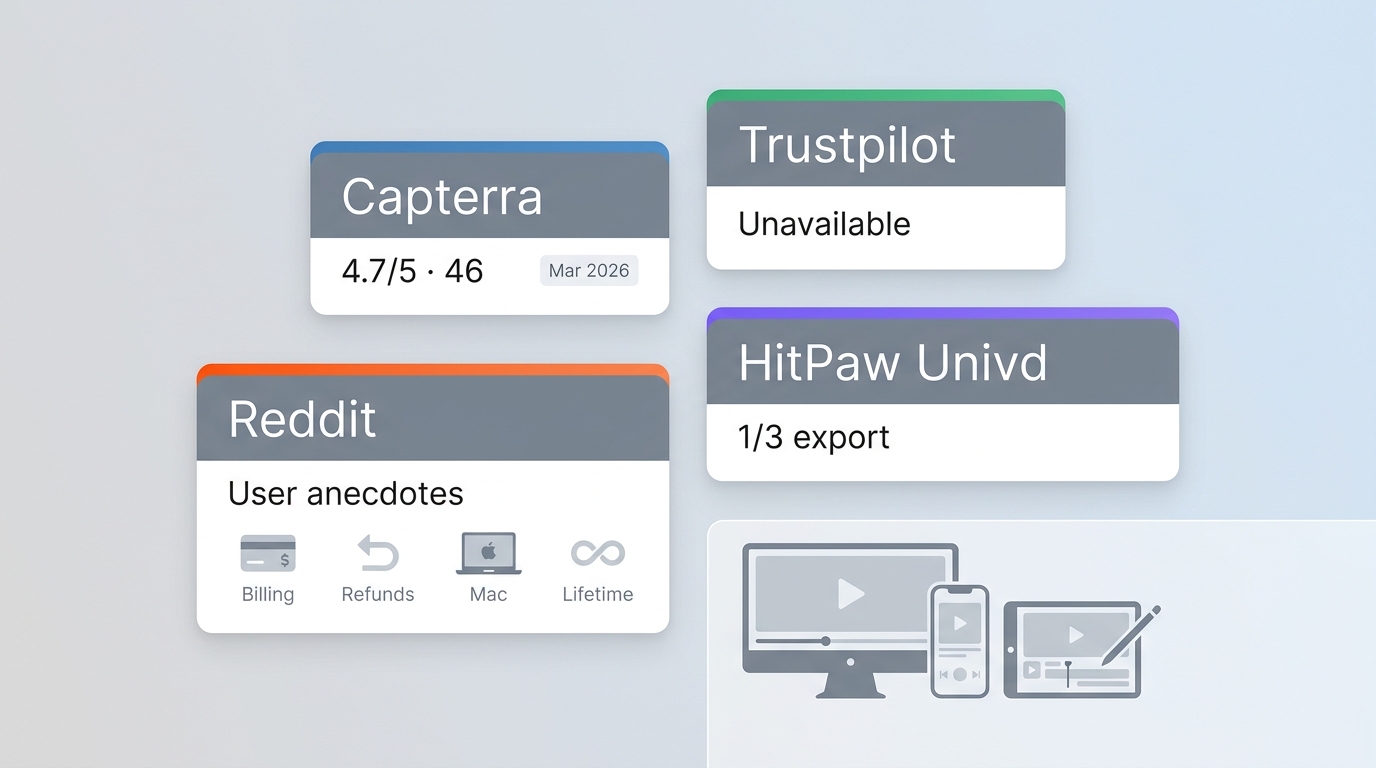 Capterra rating, unavailable Trustpilot data, Reddit anecdotes, and HitPaw trial limits