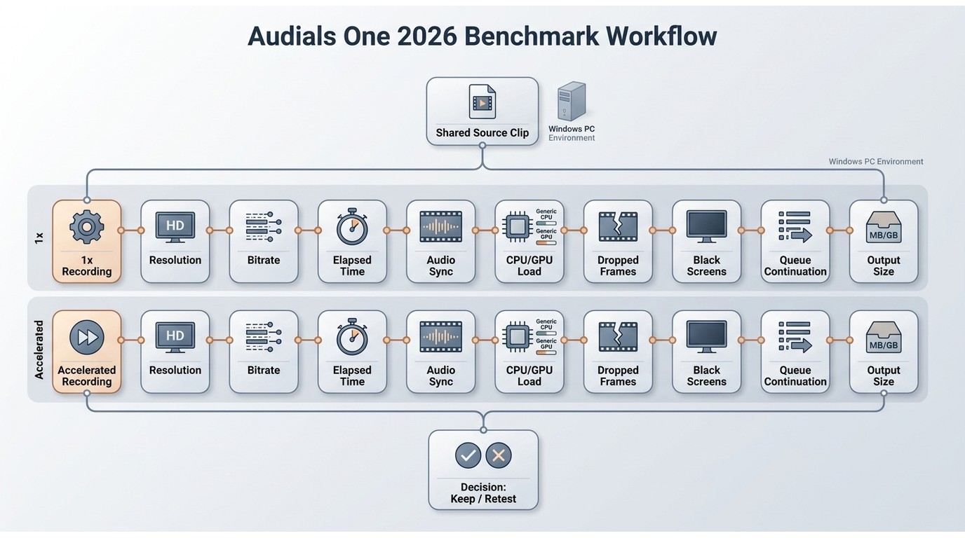 Audials One test workflow for speed, hardware load, sync, artifacts, and queue behavior