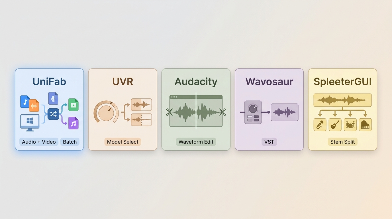 Desktop workflows for UniFab, UVR, Audacity, Wavosaur, and SpleeterGUI