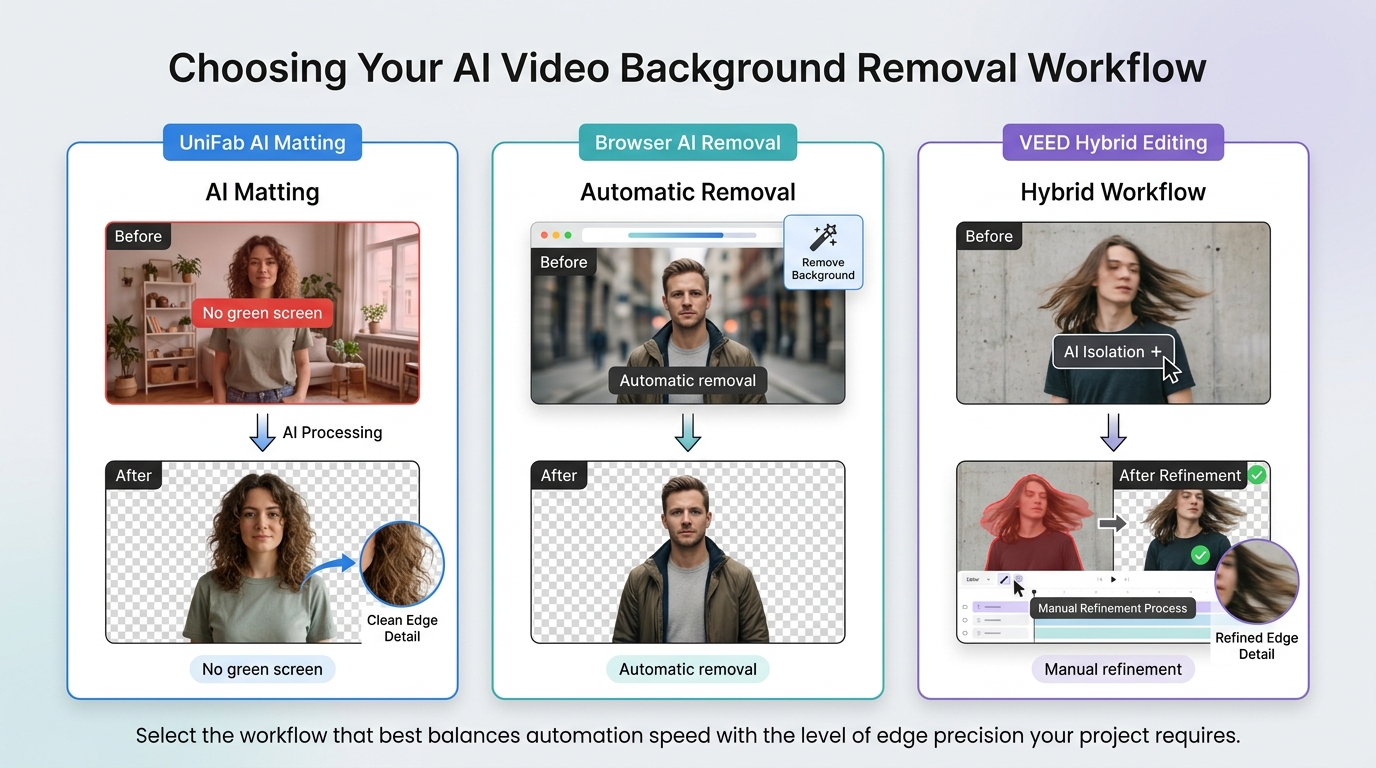 AI matting, chroma key, and hybrid workflows for removing video backgrounds