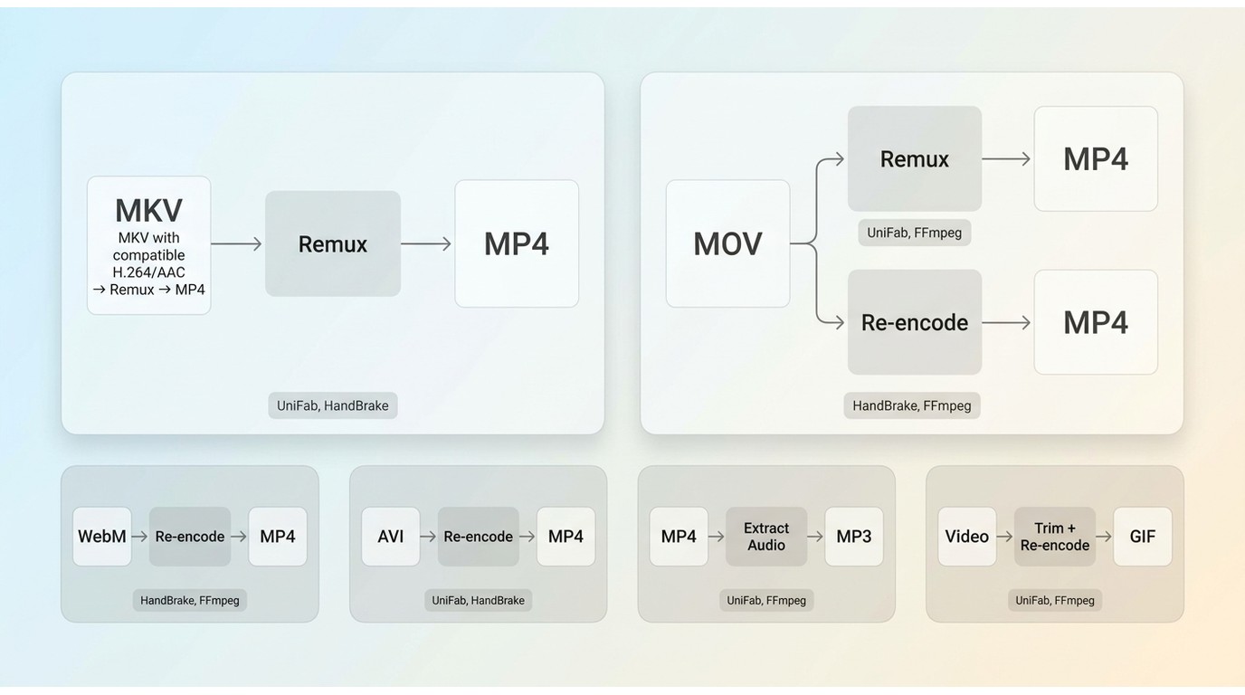 Conversion paths from MKV, MOV, WebM, AVI, MP4, and video clips to compatible targets