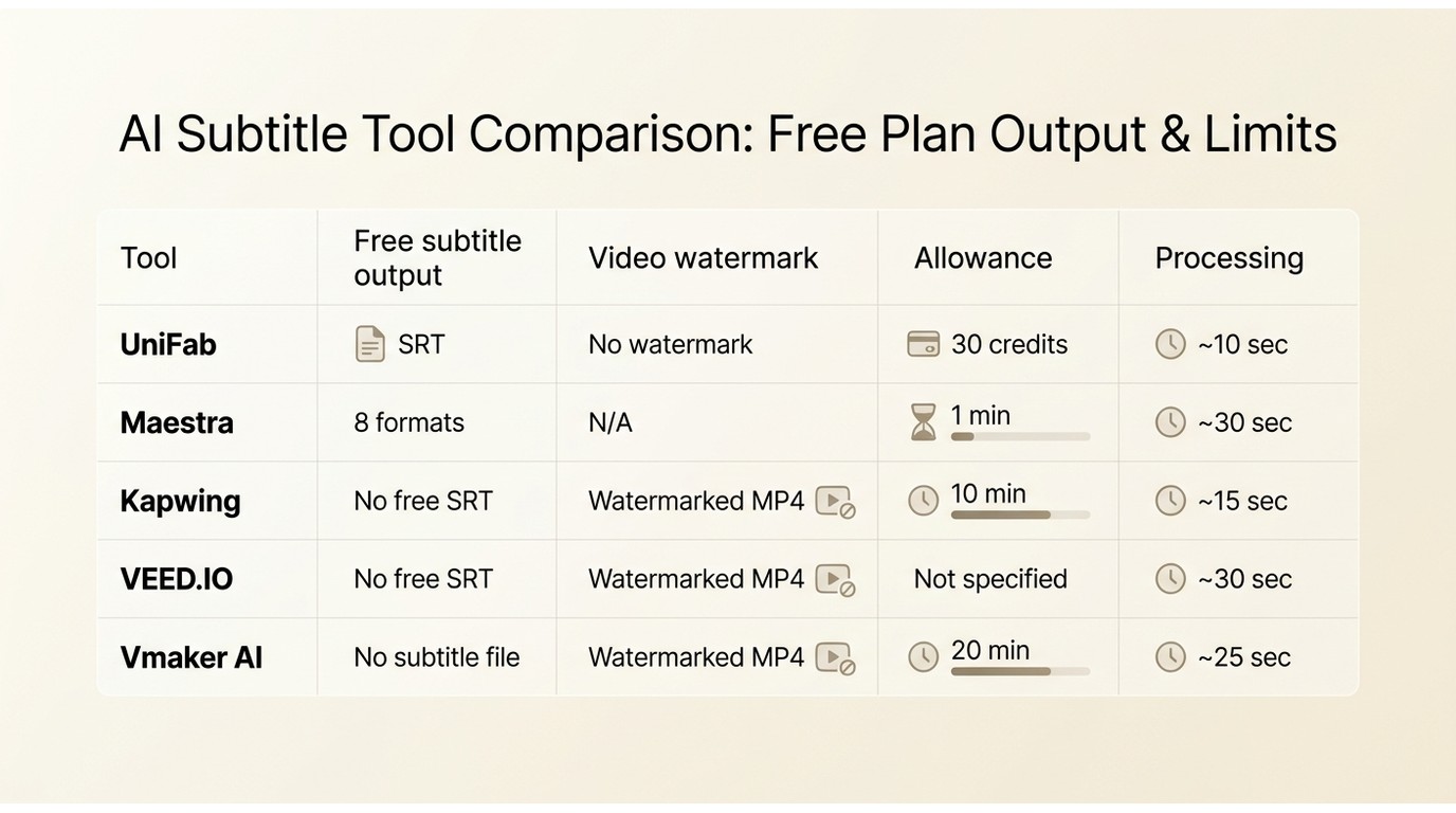 Free SRT, watermark, allowance, and processing differences across five subtitle generators
