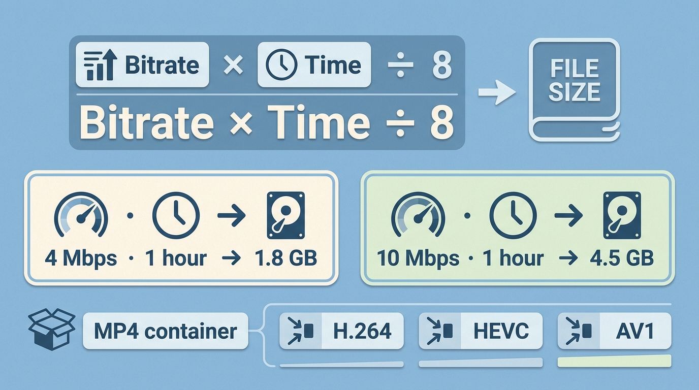 One-hour video sizes at 4 and 10 Mbps, with MP4 and codec factors