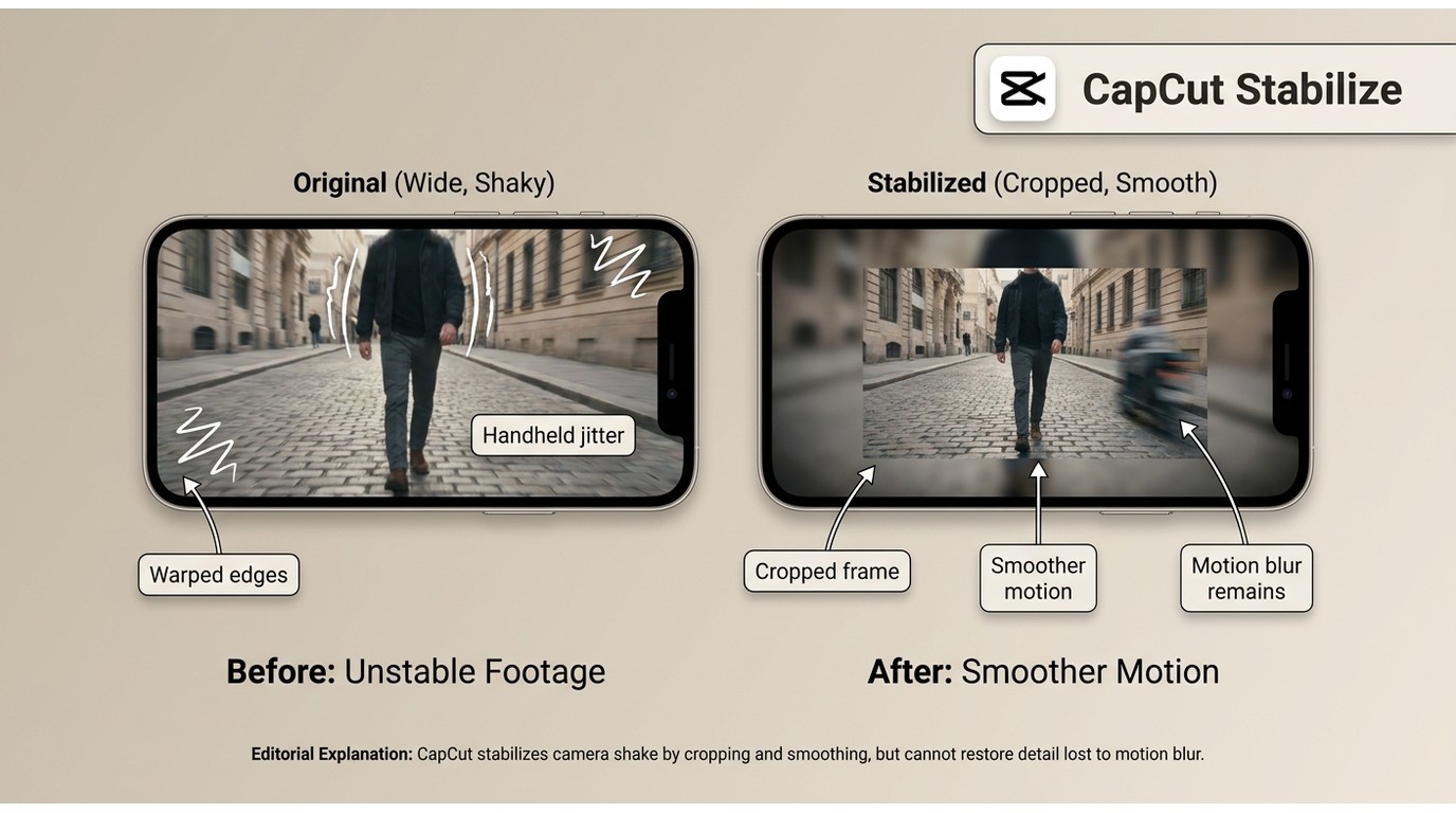 How CapCut stabilization smooths shake through cropping but cannot restore motion-blurred detail