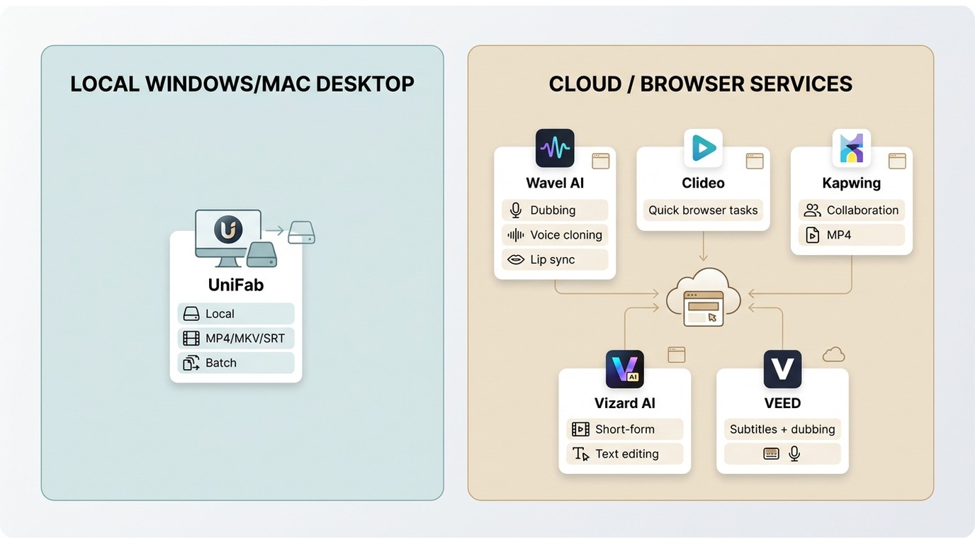 Comparison of UniFab, Wavel AI, Clideo, Kapwing, Vizard AI, and VEED workflows