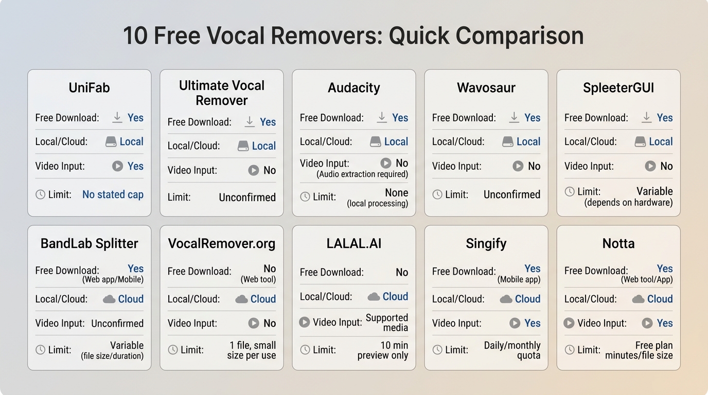 Comparison of 10 vocal removers by free download, processing type, video support, and limits