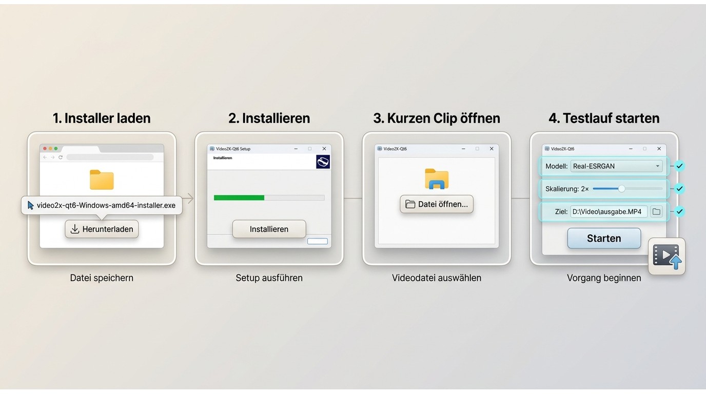 Video2X-Installation unter Windows vom Qt6-Installer bis zum ersten 2×-MP4-Test
