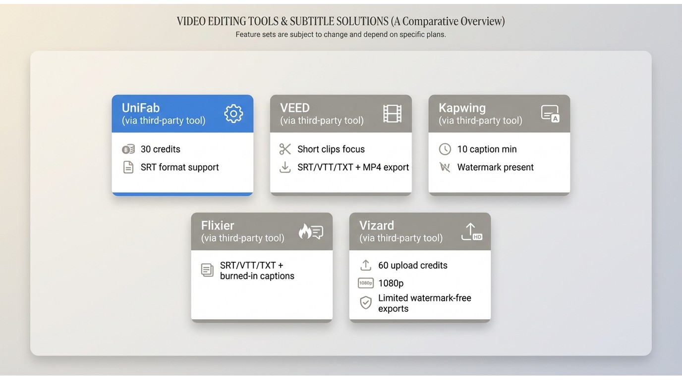 Free limits and SRT, VTT, TXT, MP4, resolution, and watermark differences across five caption tools