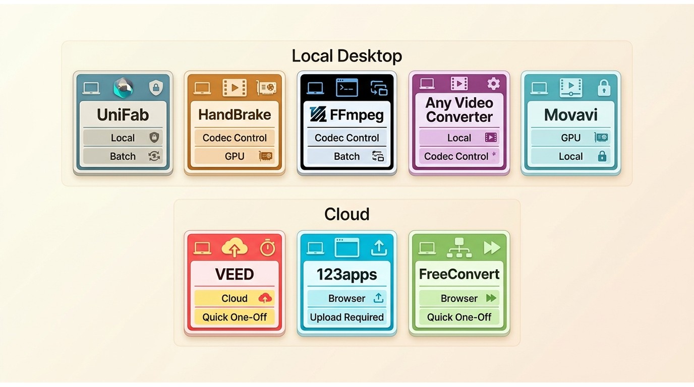 Eight converters compared by local or cloud processing, control, privacy, and workflow