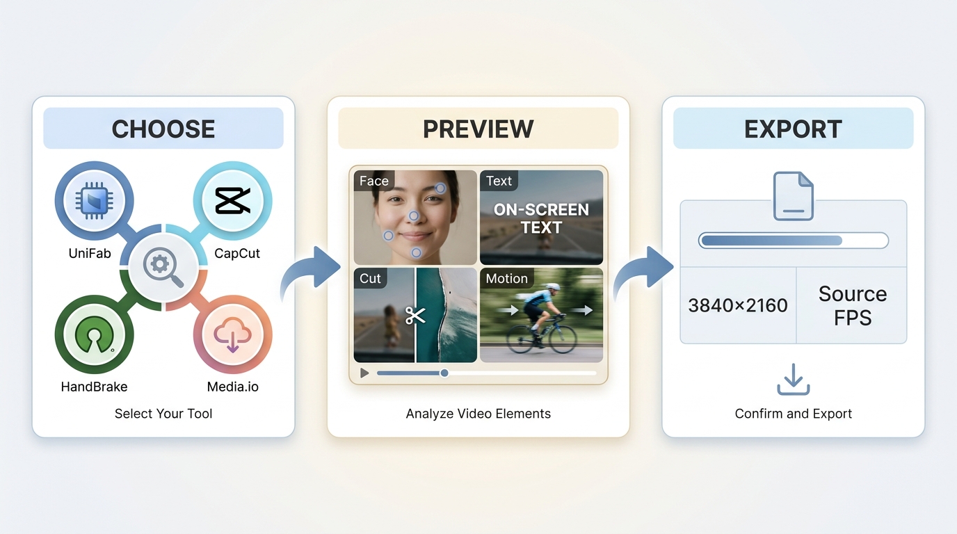 Three steps to choose a 4K tool, preview difficult scenes, and export at 3840×2160