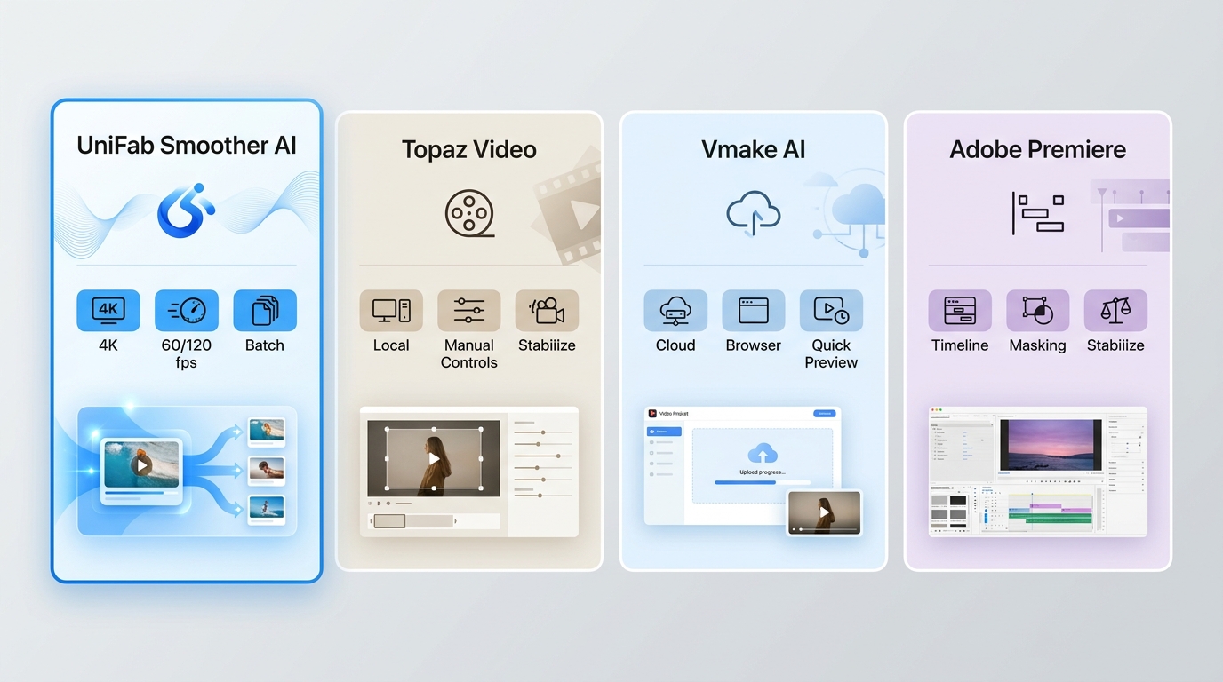 UniFab, Topaz Video, Vmake AI, and Adobe Premiere compared by workflow